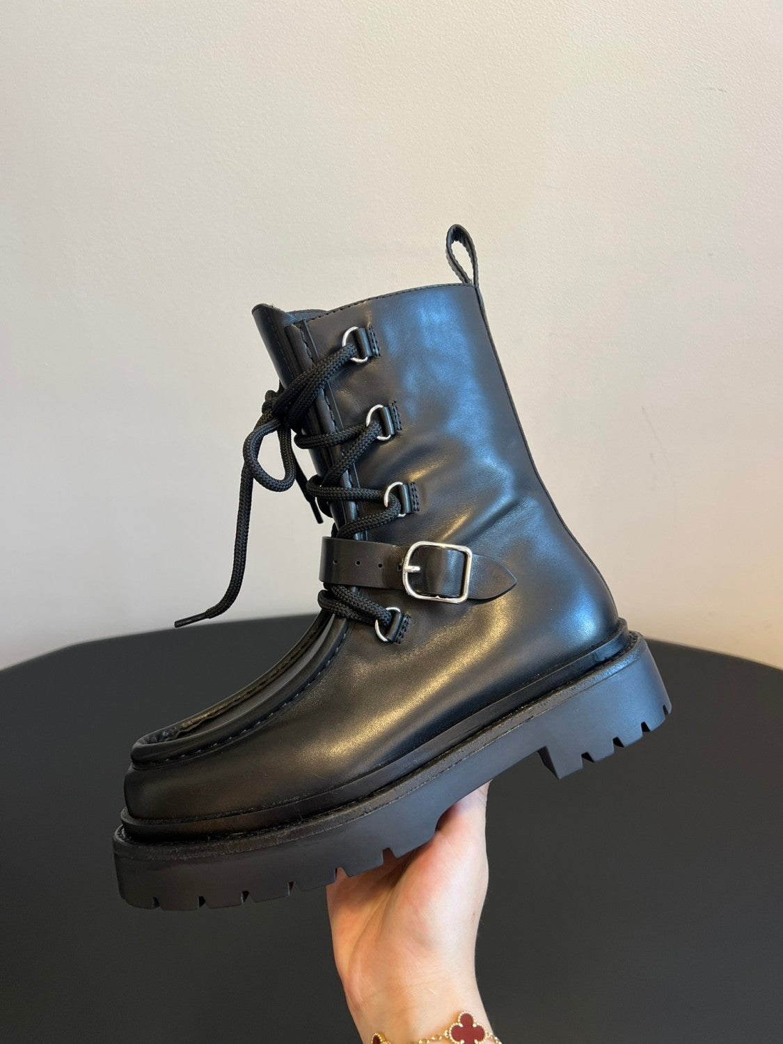 Hermes Women's Fall/Winter Land Ankle Boots Solid-Color Cowhide Lace-Up Short Boots Outdoor Boots Heel Height: 3.5cm Shoes Ngvp #2325
