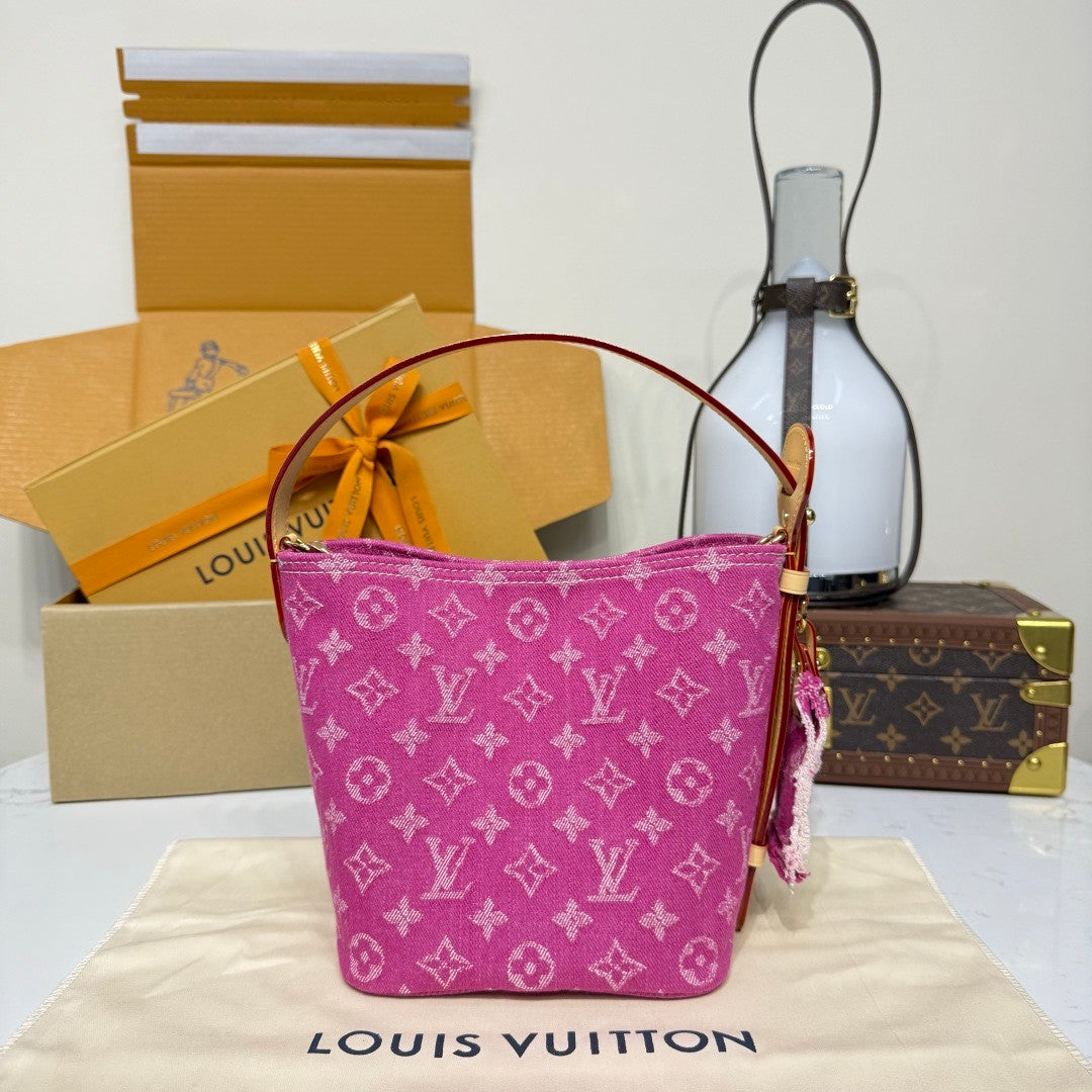 Louis Vuitton Women's Bucket Bag All In BB Burgundy Denim Cotton 2026 Spring New Arrival Light Luxury High-End Fashion Casual Bag M28107 #82886A