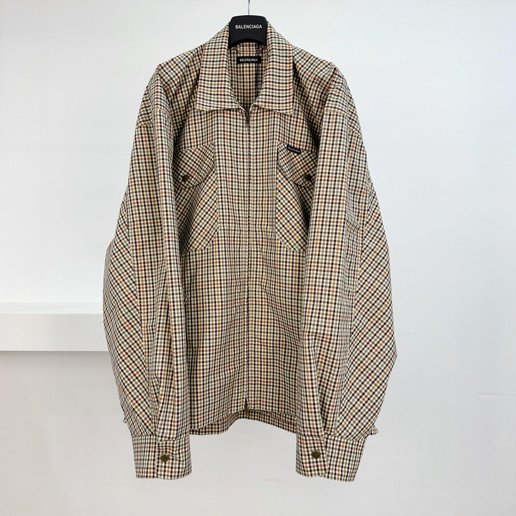 Balenciaga Men's Spring/Autumn Fashion Casual Checkered Collar Zipper Loose Long Sleeved Shirt #78321