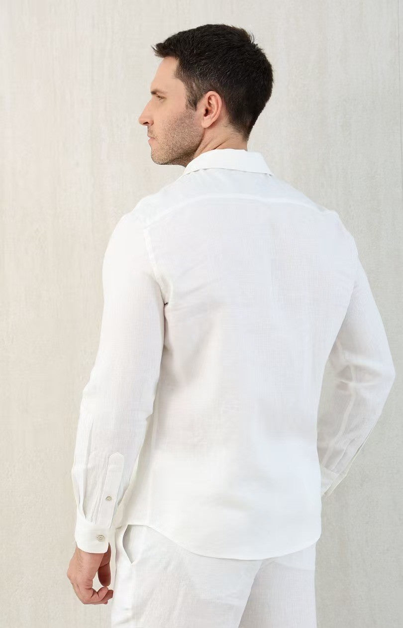 Brunello Cucinelli Men's Linen Easy Fit Shirt with Camp Collar and Chest Pocket Spring And Autumn Solid Color Long Sleeve Top Ngvp #1455