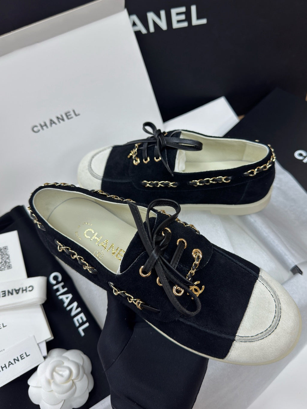 Chanel Moccasins Suede Calfskin Black Light Gray #336618