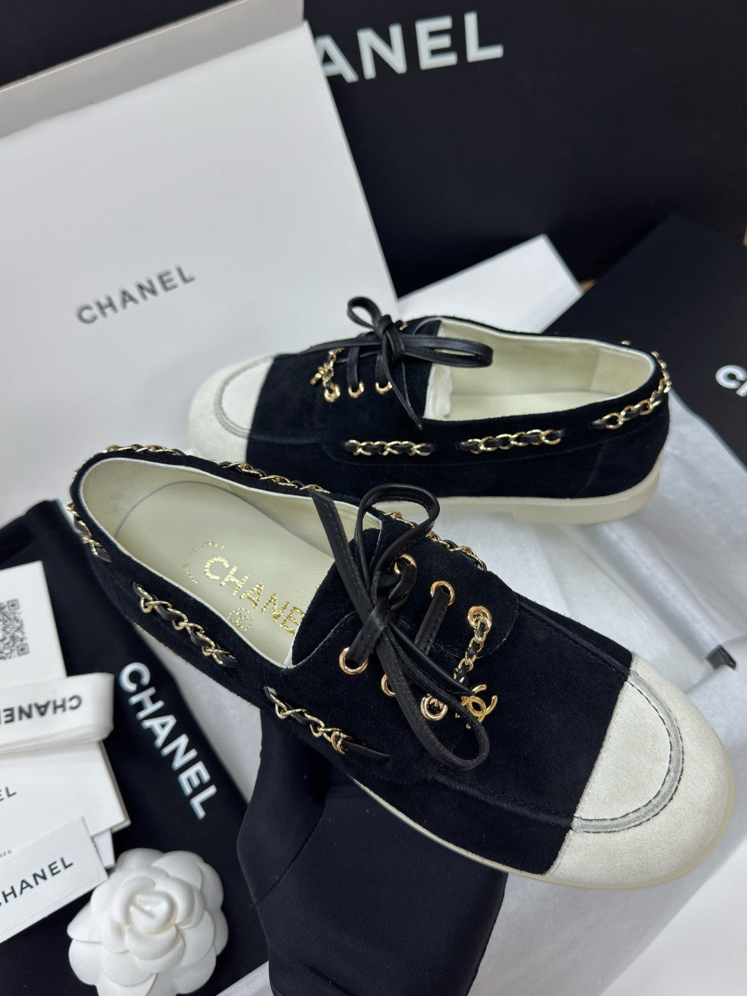 Chanel Moccasins Suede Calfskin Black Light Gray #336618