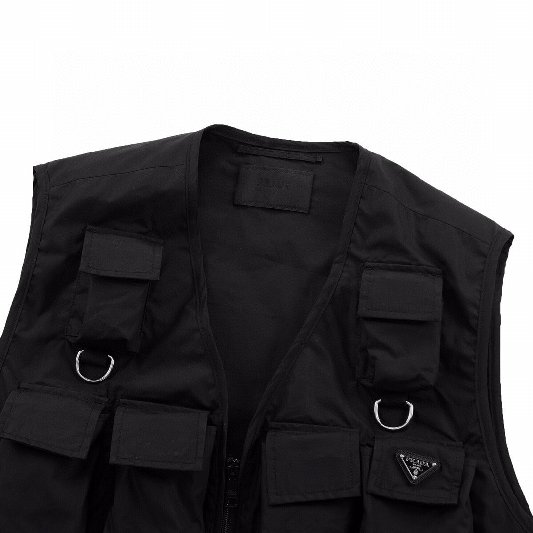 Prada Men's Summer Black Logo Patch Pocket V-Neck Zipper Casual Vest Jacket #98664