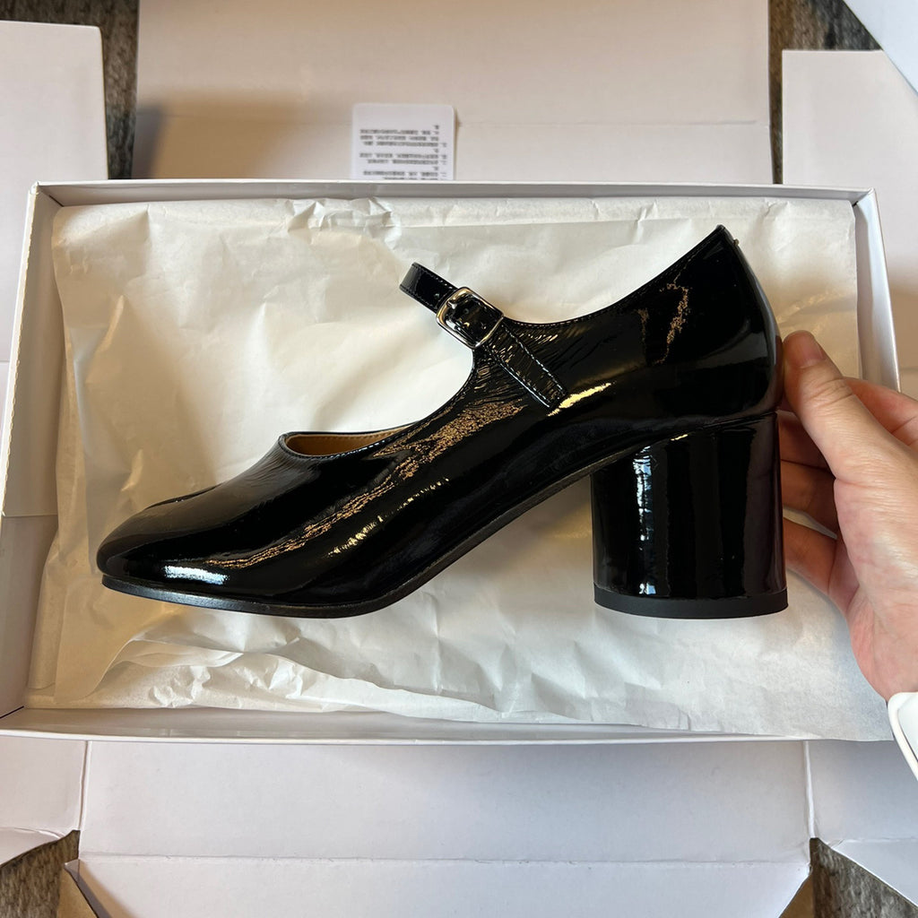 Maison Margiela Women's Spring/Fall Fashion Classic Round Toe Slip On Solid Color Leather Chunky Heel Mary Jane Split Toe Shoes #78646
