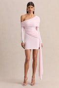 Savita | Light Pink Ruched Asymmetric Mini Dress With Drape
