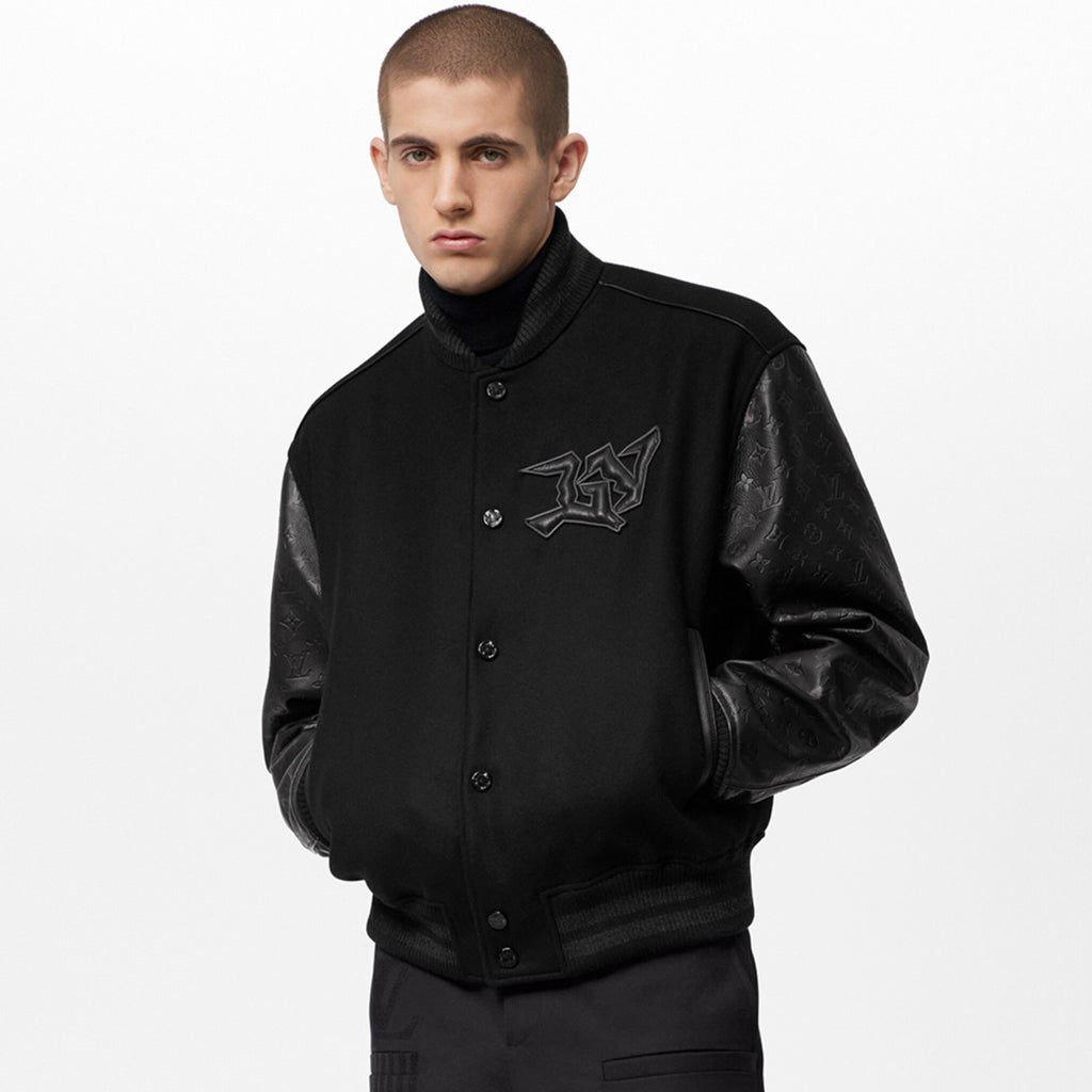 Louis Vuitton Men's Fall/winter Monogram Embossed Leather Drawstring Jacket Black Abstract Graffiti Logo Jacket Baseball Jersey  #71424