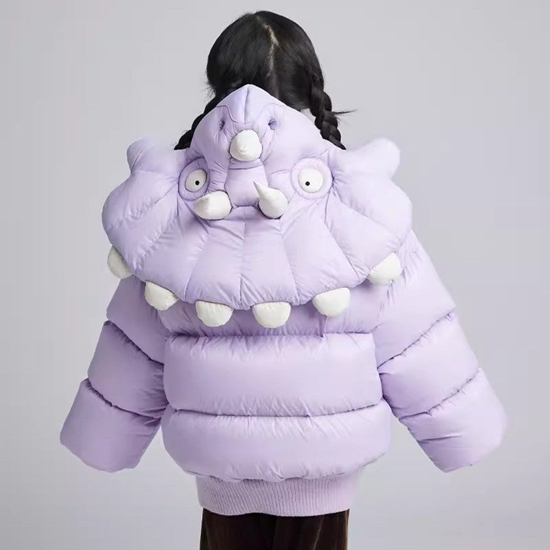 Kid's Autumn And Winter Solid Color Triceratops Jacket Thickened Short Zipper Loose Hooded Puffer Down Jacket #31322