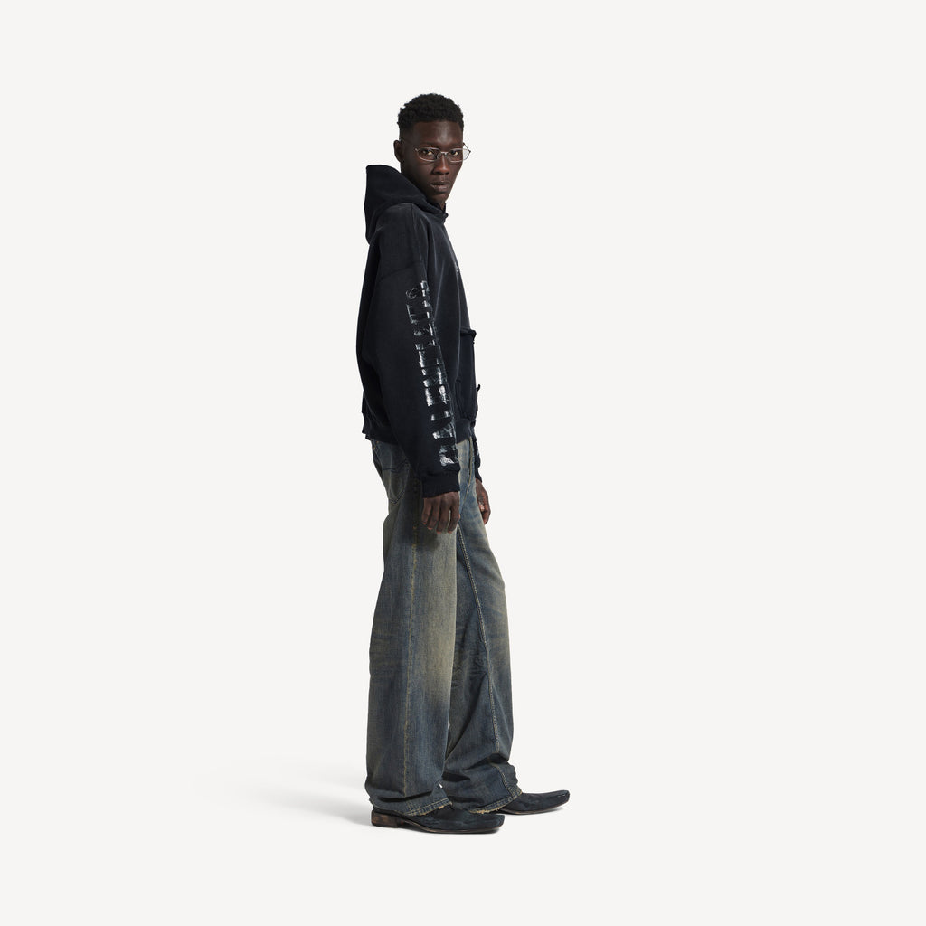Balenciaga Men's Transparent Tape Ripped Pocket Hoodie in Faded Black #336331
