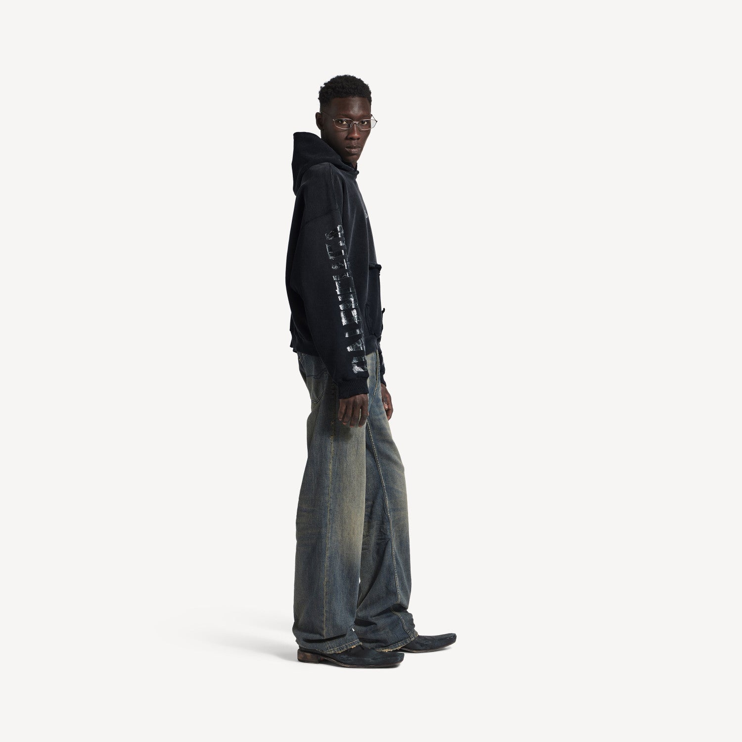 Balenciaga Men's Transparent Tape Ripped Pocket Hoodie in Faded Black #336331