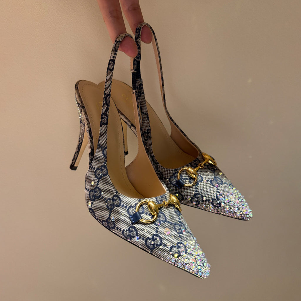 GUCCI Crystal-embellished Horsebit Buckle Women's Back-tie Low-cut Shoes Women's Spring/summer GG Canvas Crystal High-heel Shoes Elegant Luxurious Heel Height: 10cm #81437