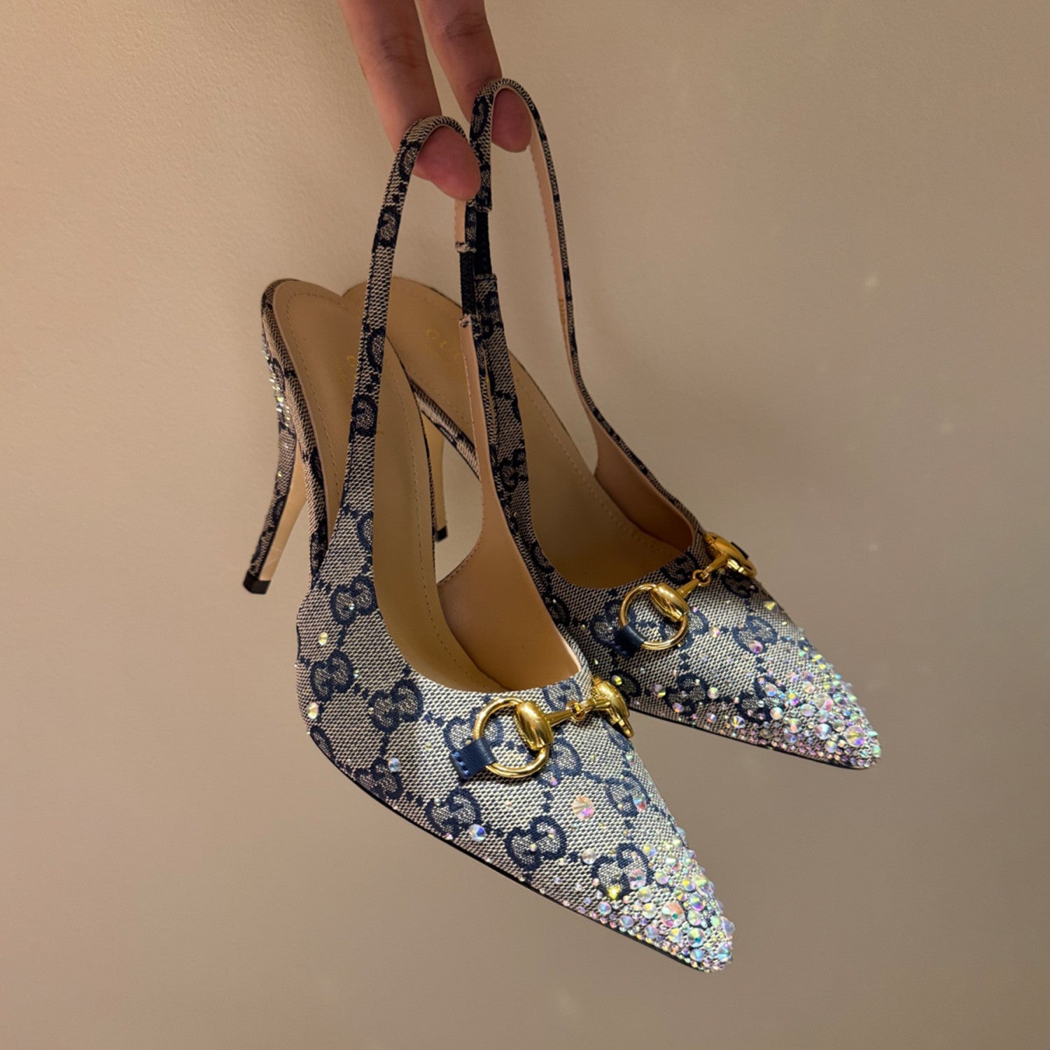 GUCCI Crystal-embellished Horsebit Buckle Women's Back-tie Low-cut Shoes Women's Spring/summer GG Canvas Crystal High-heel Shoes Elegant Luxurious Heel Height: 10cm #81437