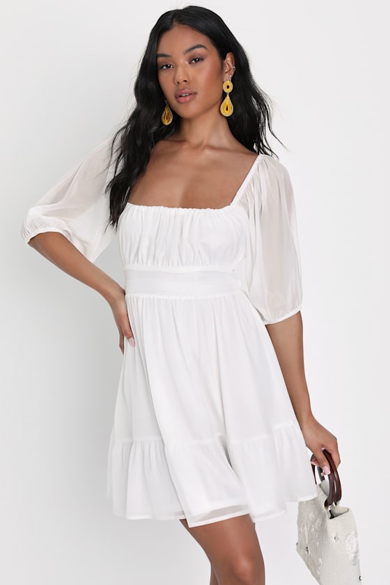 Ethereal Arrival White Puff Sleeve Tie-Back Chiffon Mini Dress