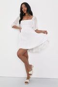 Ethereal Arrival White Puff Sleeve Tie-Back Chiffon Mini Dress