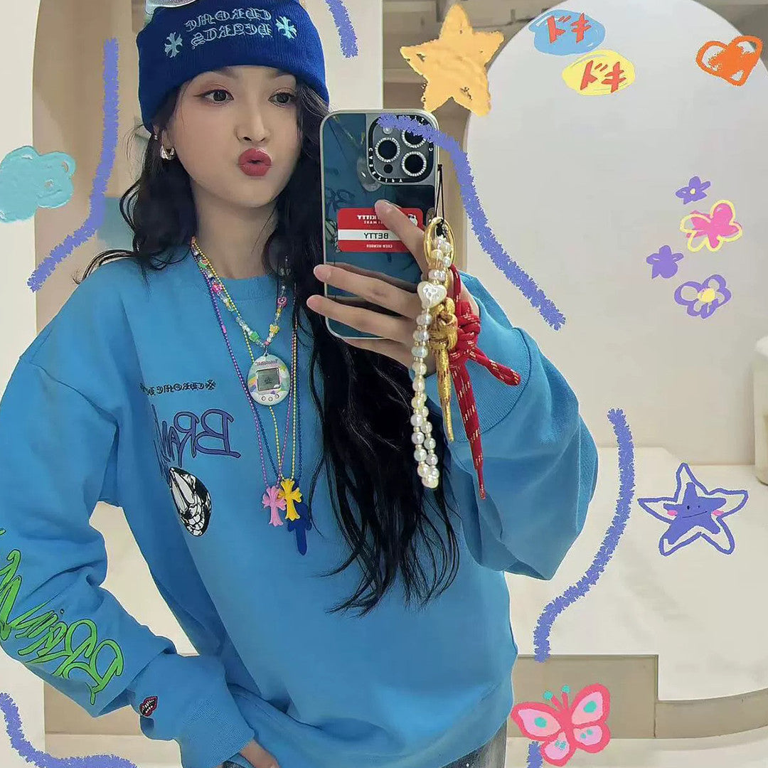 Chrome Hearts Men's Women's Spring Summer Fashion Letter Graffiti Blue Round Neck Long Sleeve Top #98727