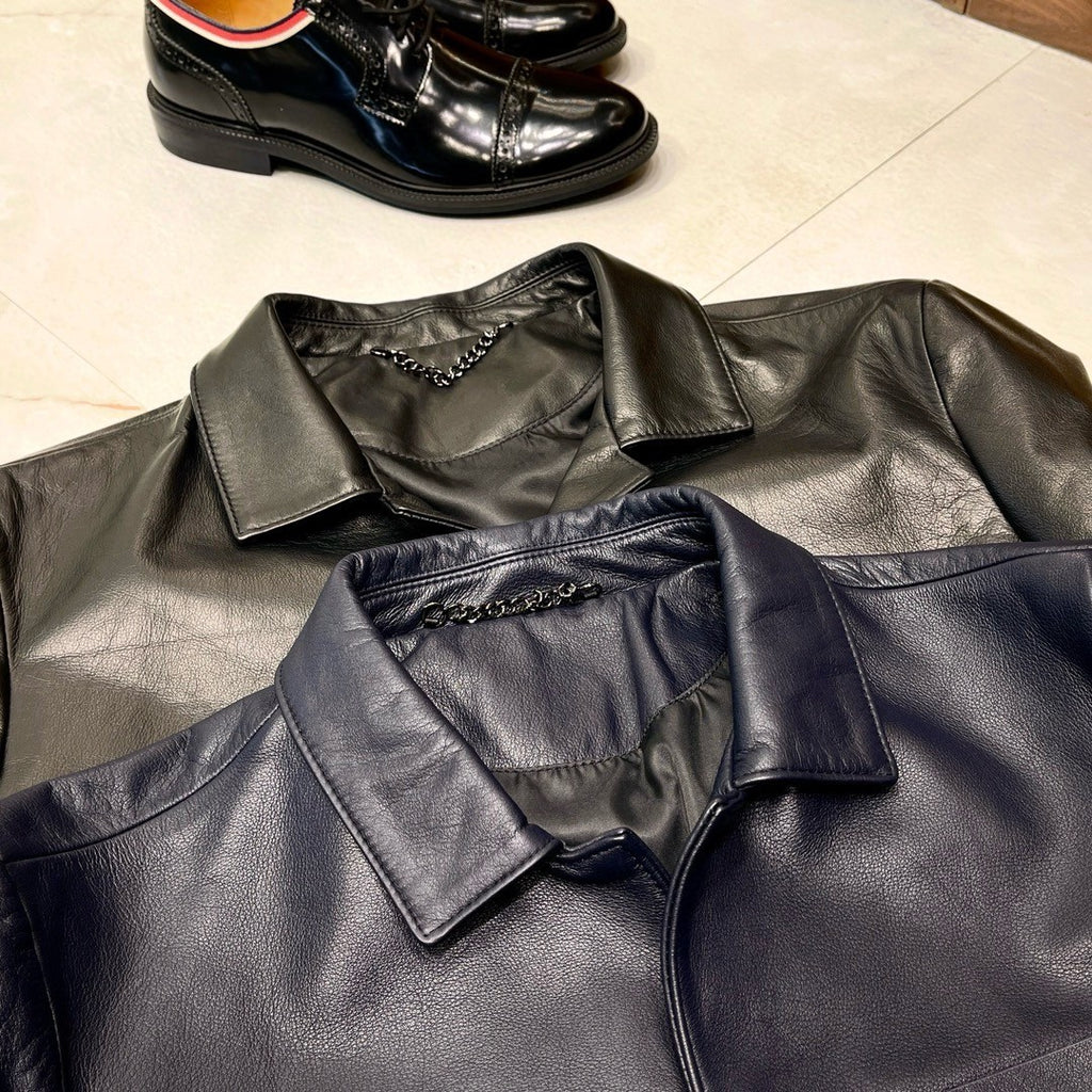Louis Vuitton Men's Autumn and Winter Solid Color Embossed Leather Monogrammed Single Breasted Long Sleeve Jacket #74224