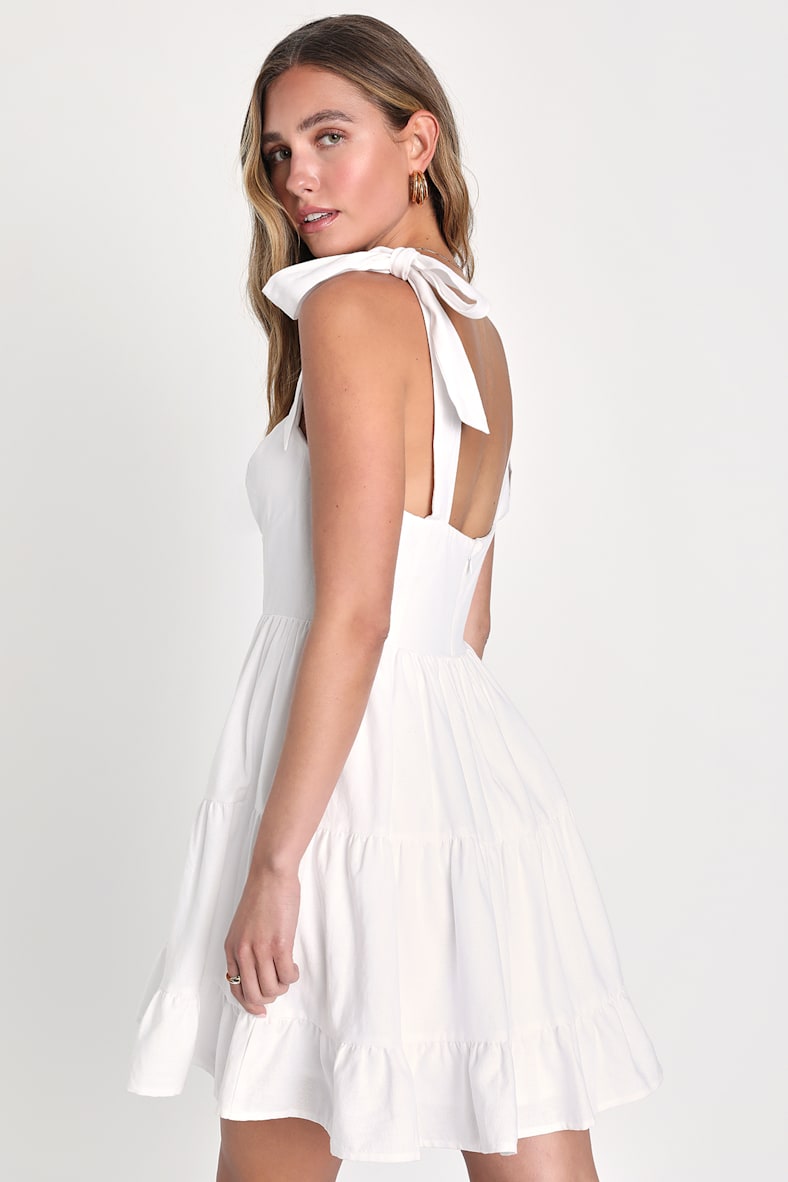 Tier-ly Delightful White Tie-Strap Tiered Bustier Mini Dress