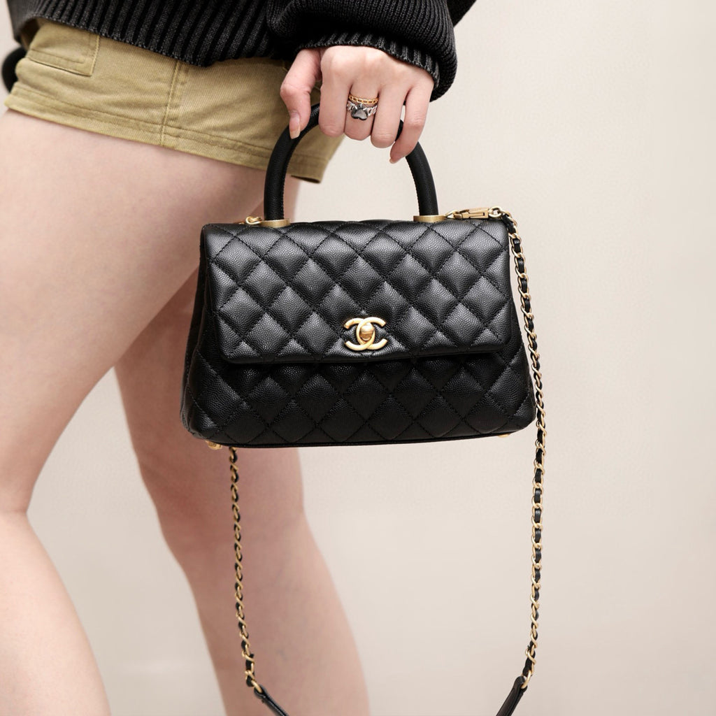 Chanel COCO Handle 16 Classic Logo Black Gold Leather Caviar Chain Shoulder Crossbody Mini Small Medium Women's Spring Summer Black Bag Bags #81386