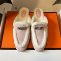 Hermes Women's Winter Suede Round-Toe Flat Half-Slip-On Shoes. Casual Solid Color Slip-On Slippers #81517