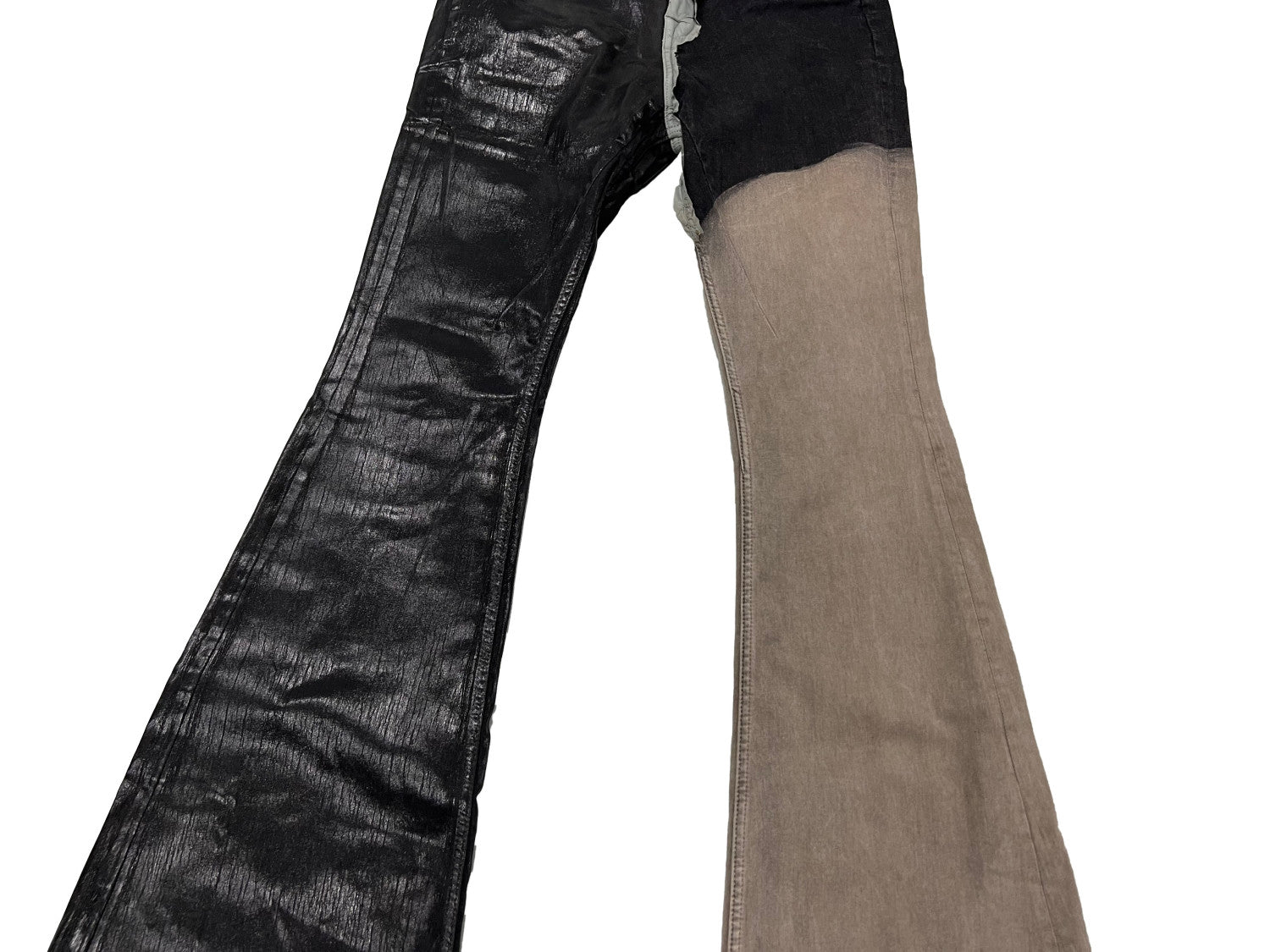 Rick Owens Men's Spring and Autumn Old Wash Splicing Coating Wax Pants Wide Leg Flare Jeans Pants #76795