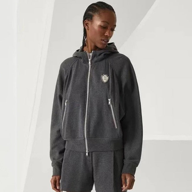 Brunello Cucinelli Men's And Women's Spring/fall Fashion Casual Solid Color Hooded Zipper Jacket With Logo Trim Solid Color Elastic Waist Casual Wide Leg Pants Pants Suit Set #79265