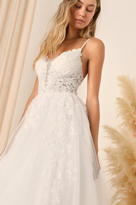 Height of Love White Embroidered Beaded Backless A-Line Gown