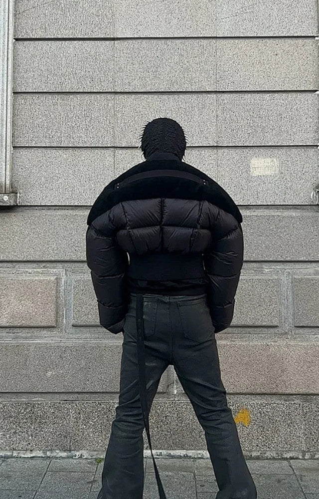 Rick Owens Men's Dark Style Short Splicing Puffer Down Jacket Autumn And Winter Solid Color Zipper Collarless Jacket #81336