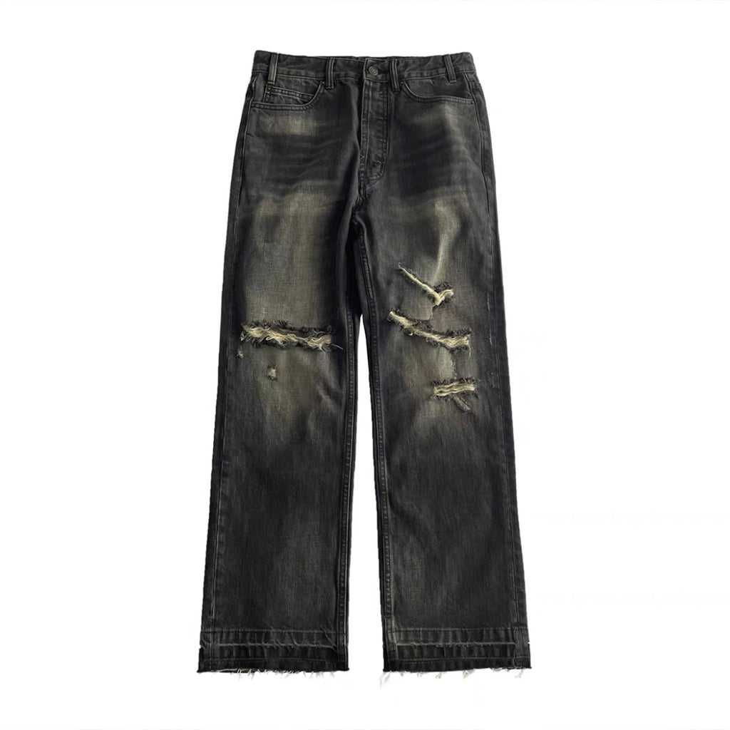 Celine Men's Spring Autumn Dark Style Knife Cut Washed Destroyed Straight Baggy Jeans Loose Denim Pants Straight Trousers  Ngvp#1563