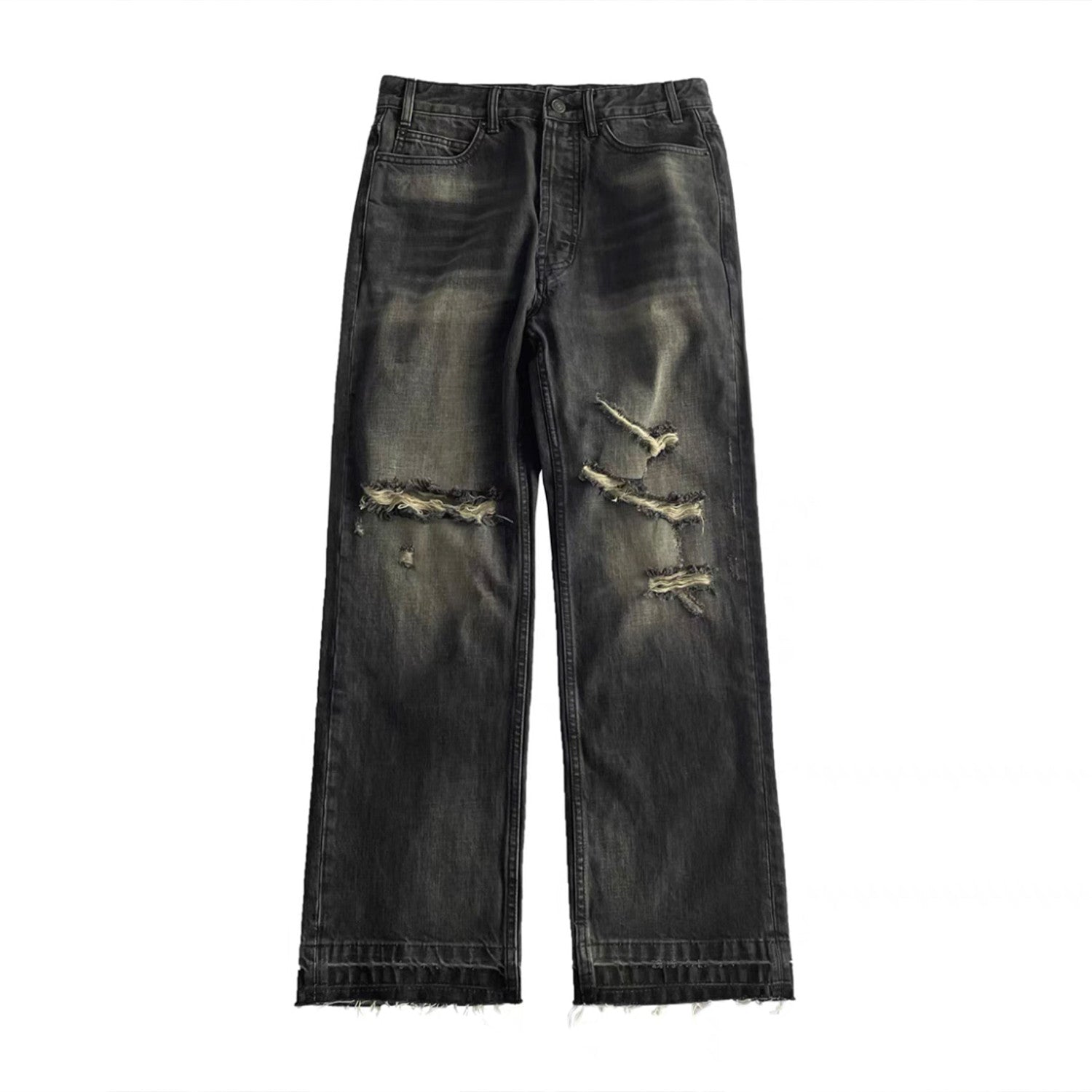 Celine Men's Spring Autumn Dark Style Knife Cut Washed Destroyed Straight Baggy Jeans Loose Denim Pants Straight Trousers  Ngvp#1563