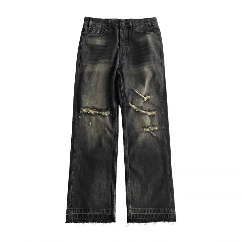 Celine Men's Spring Autumn Dark Style Knife Cut Washed Destroyed Straight Baggy Jeans Loose Denim Pants Straight Trousers  Ngvp#1563