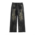Celine Men's Spring Autumn Dark Style Knife Cut Washed Destroyed Straight Baggy Jeans Loose Denim Pants Straight Trousers  Ngvp#1563