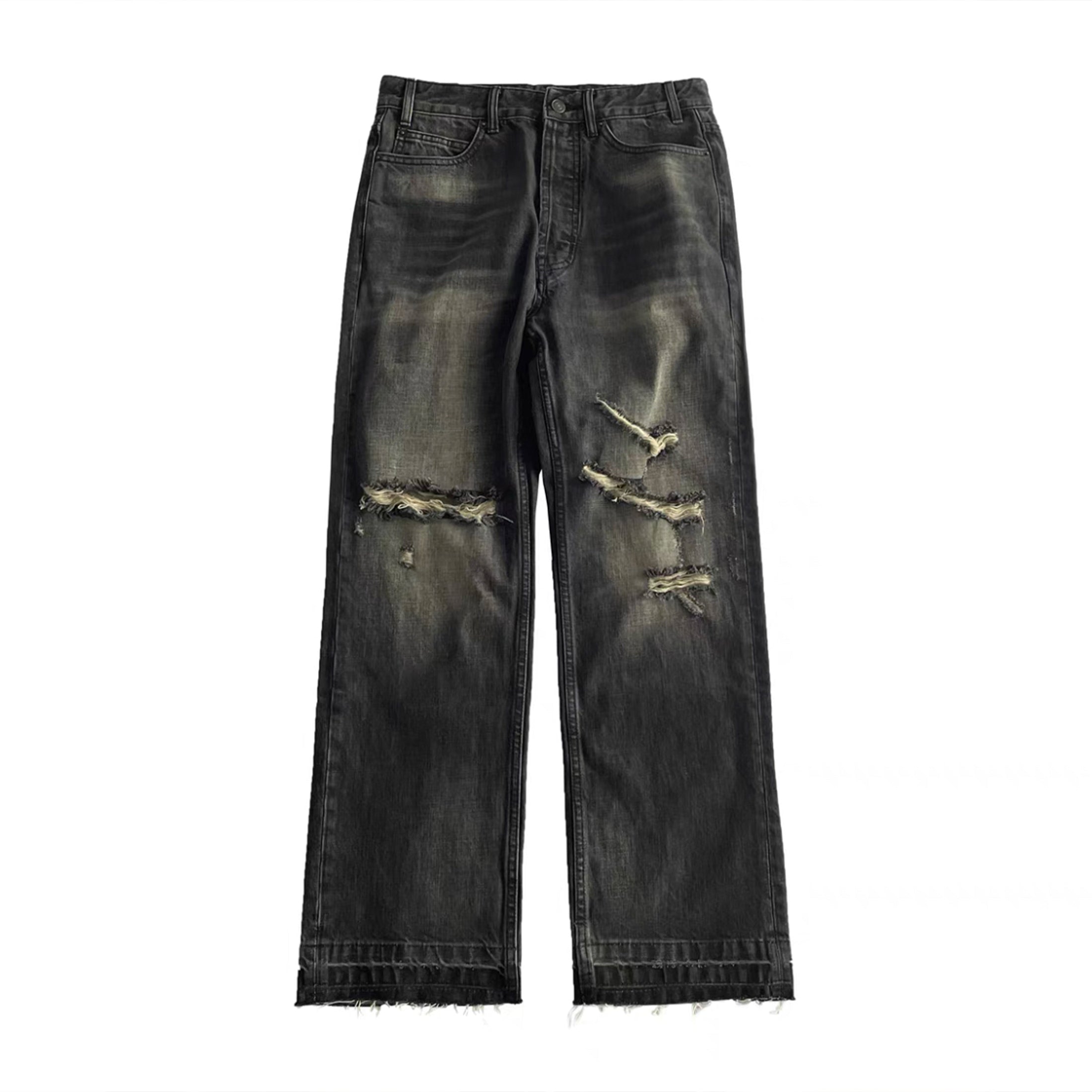 Celine Men's Spring Autumn Dark Style Knife Cut Washed Destroyed Straight Baggy Jeans Loose Denim Pants Straight Trousers  Ngvp#1563