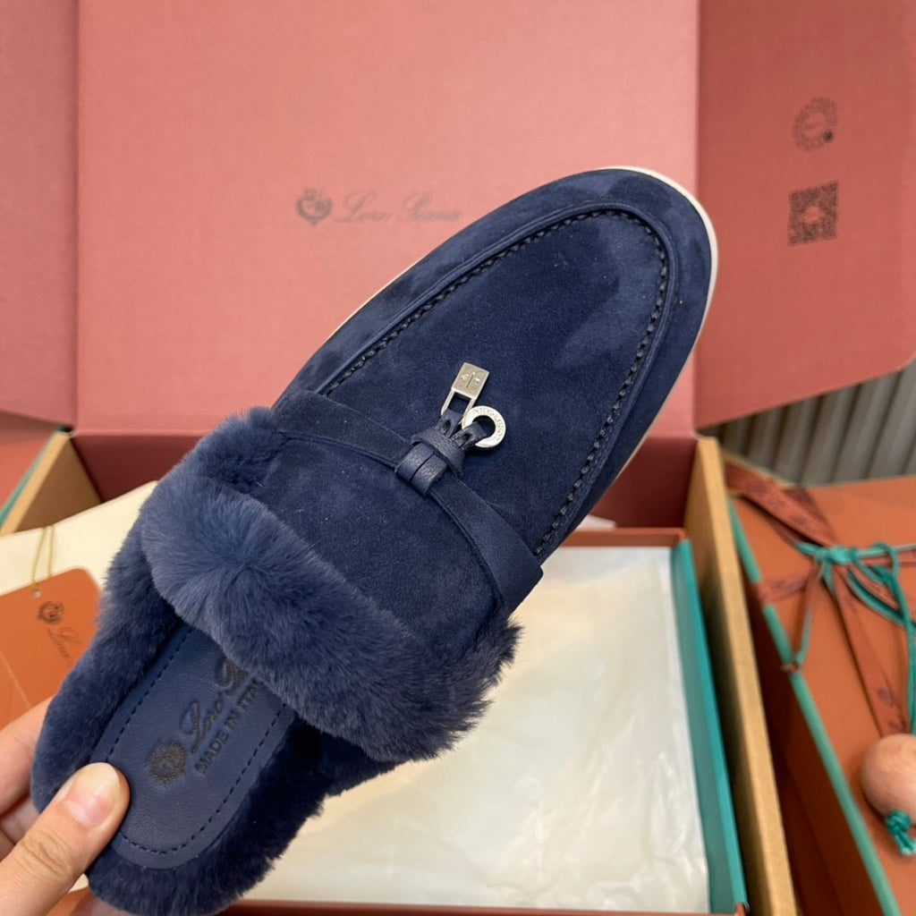 Loro Piana Women's Winter Fashion Casual Round Toe Slip On Beaver Fur Slippers Leather Rubber Sole Covered Toe Slippers  Shoes #78588