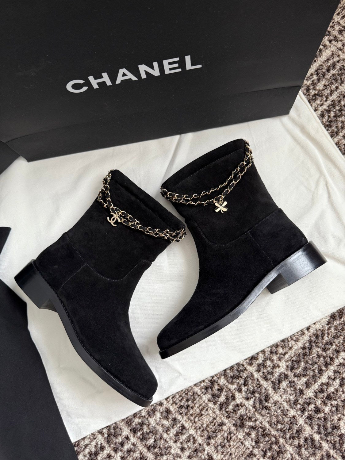 Chanel Women's Fall/winter Fashion Classic Solid Color Leather Suede Round Toe Cuffed Chunky Heel Chain Pendant Ankle Boots Shoes #79218