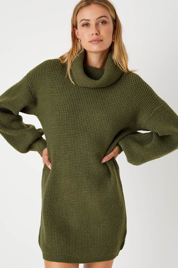 Casual Coziness Olive Green Waffle Knit Cowl Neck Sweater Dress