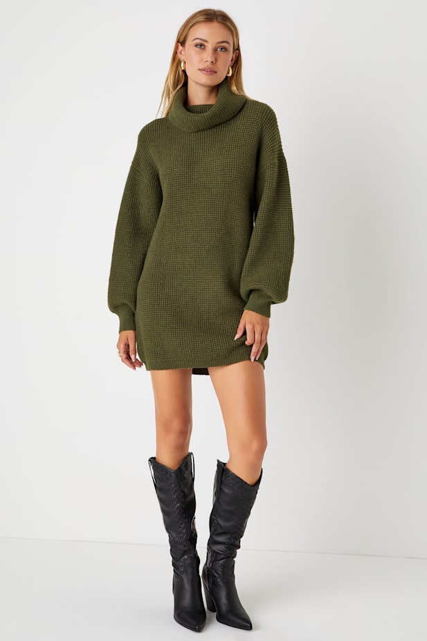 Casual Coziness Olive Green Waffle Knit Cowl Neck Sweater Dress