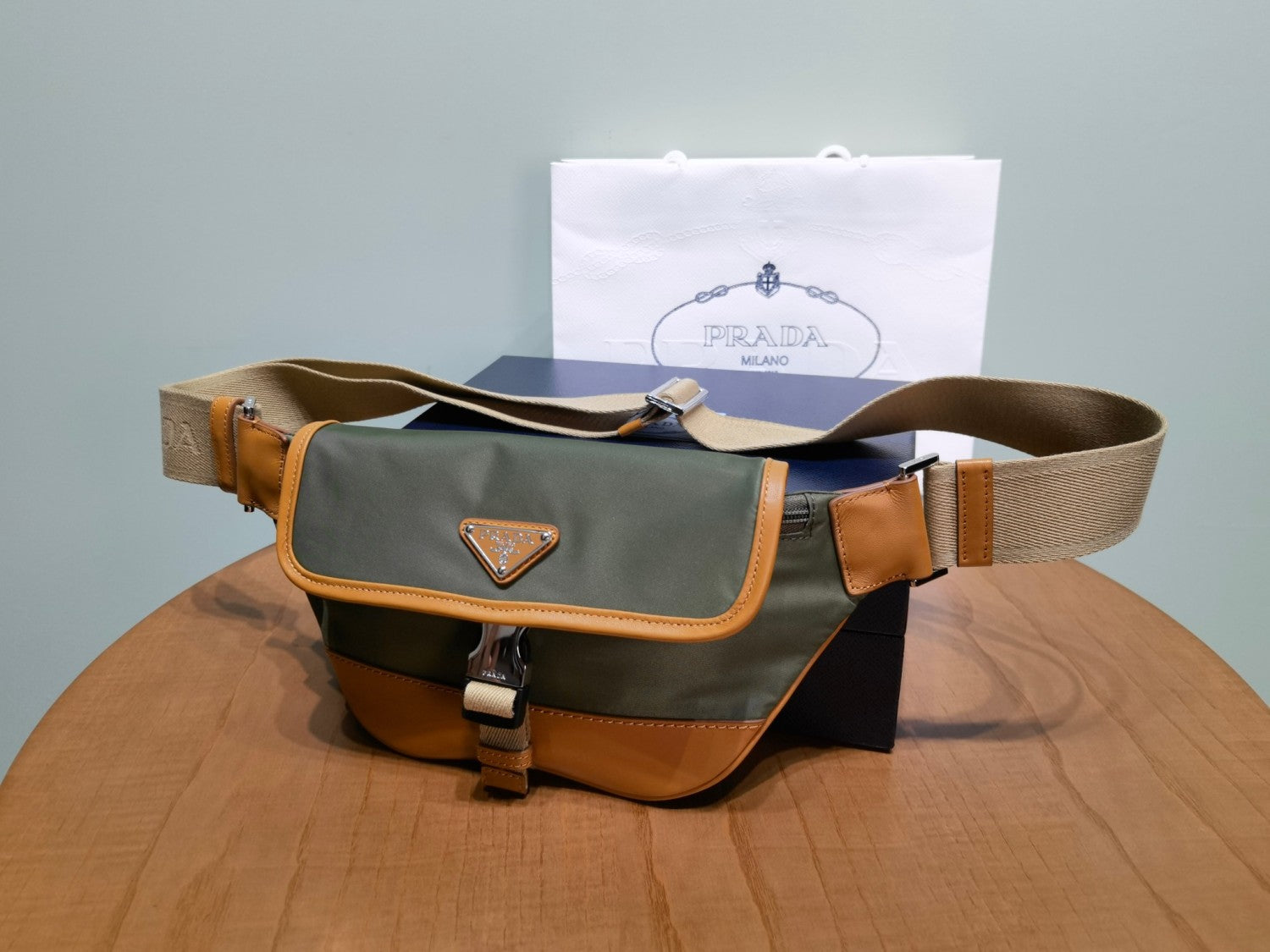 Prada Men's Enameled Metal Triangle Label Re-Nylon and Leather Shoulder Bag Waist Bags #76294