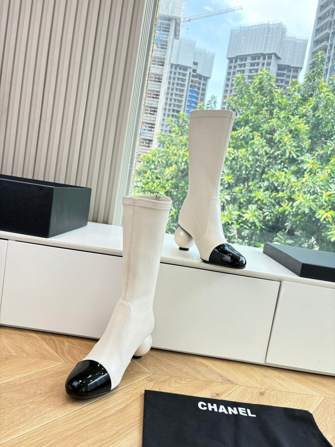 Chanel Women's Fall/winter Fashion Classic Round Toe Sheepskin Double C Oversized Pearl Heel Stretch Mid Calf Boots Long Boots Shoes #78546