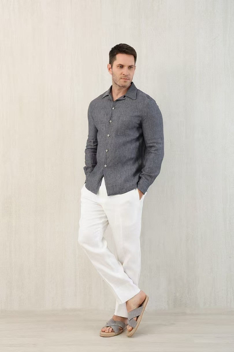 Brunello Cucinelli Men's Linen Easy Fit Shirt with Camp Collar and Chest Pocket Spring And Autumn Solid Color Long Sleeve Top Ngvp #1455