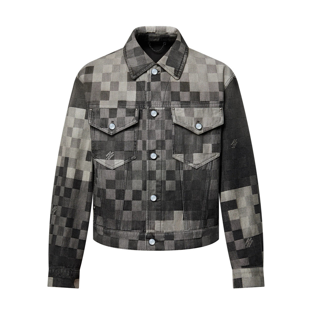 Louis Vuitton Men's Fall And Winter Black And White Plaid Old Print Single Breasted Long Sleeved Denim Jacket Straight Jeans Pants Suit Set #75477