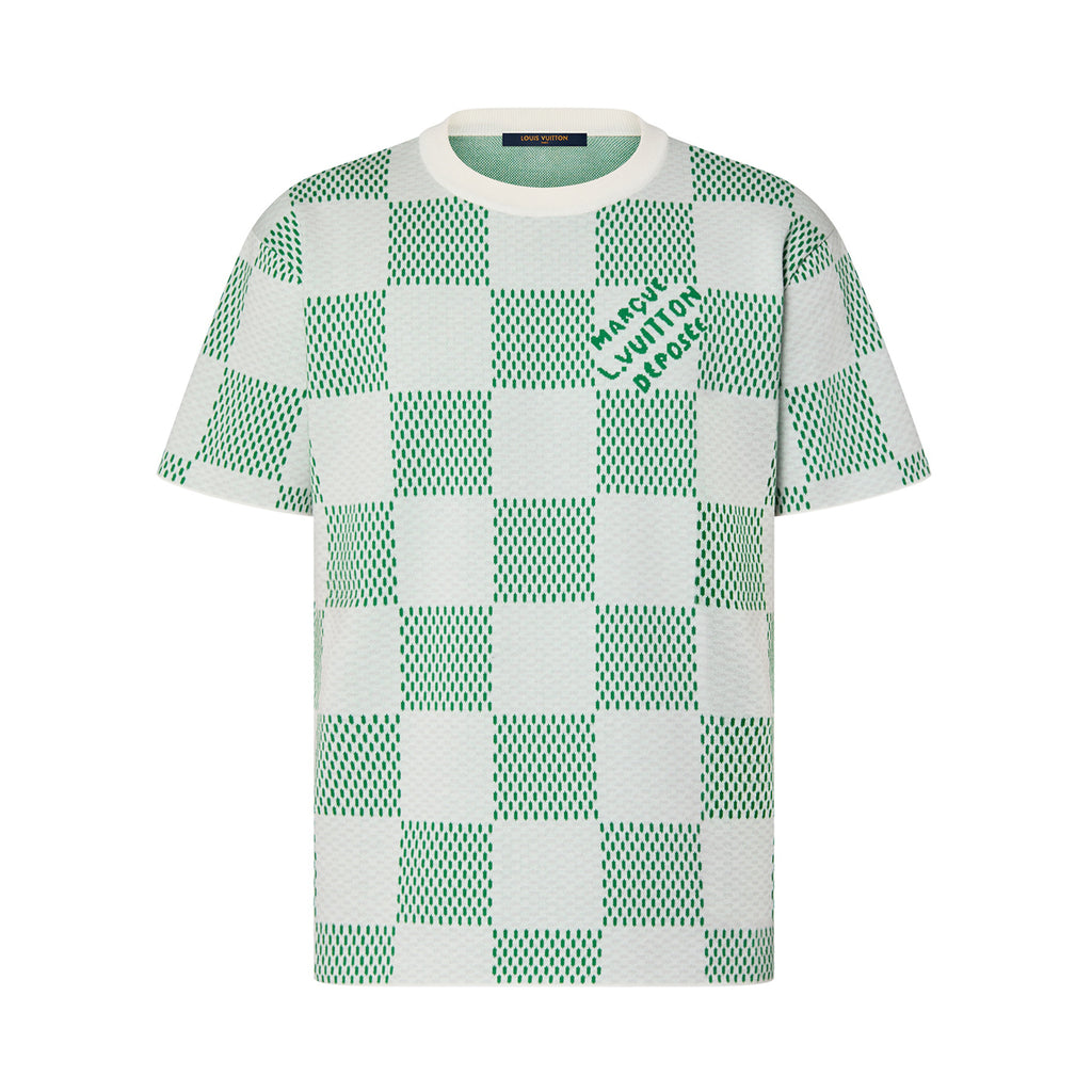 Louis Vuitton Men's Summer White Green Plaid Pattern Round Neck Cotton Short Sleeve T-Shirt #98739