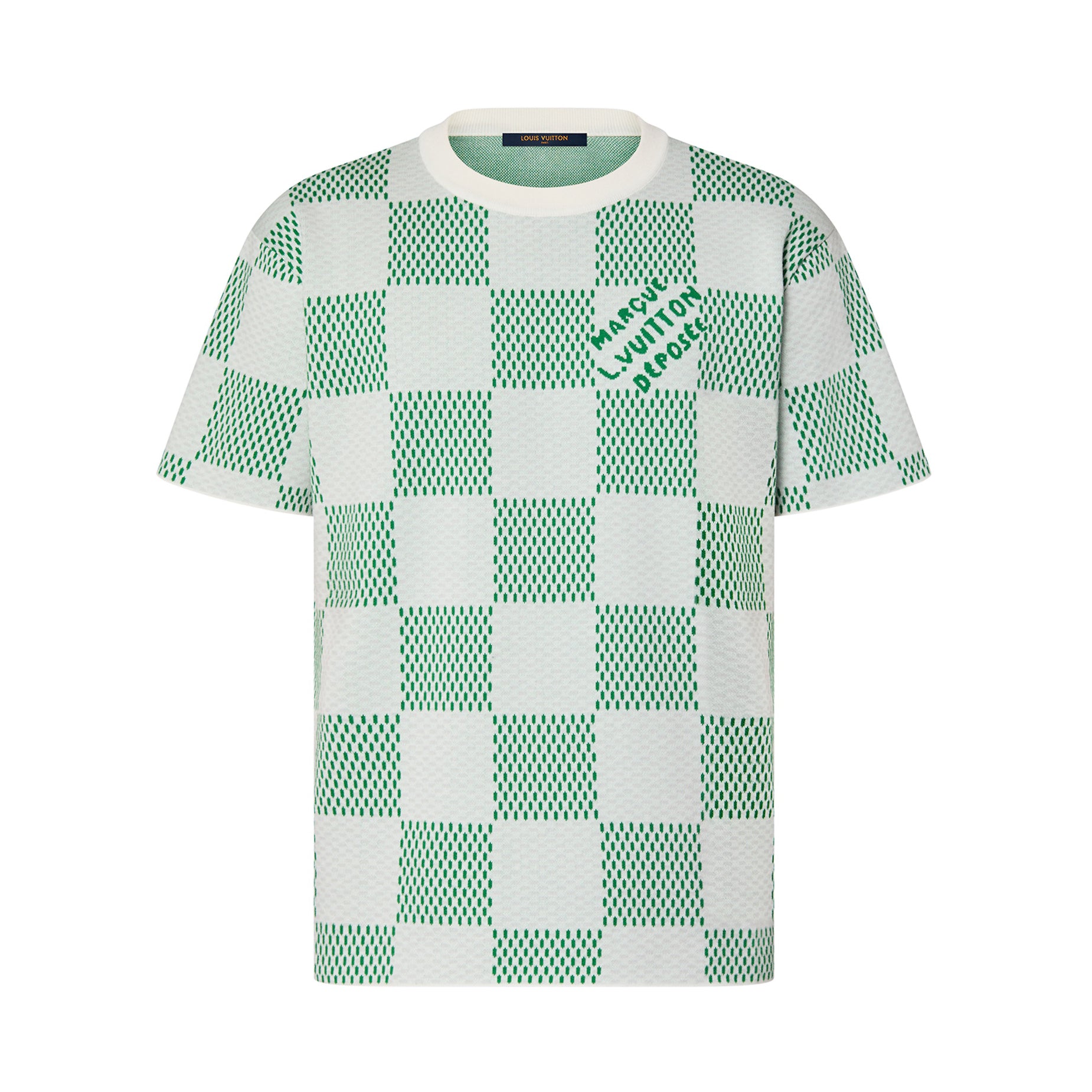 Louis Vuitton Men's Summer White Green Plaid Pattern Round Neck Cotton Short Sleeve T-Shirt #98739