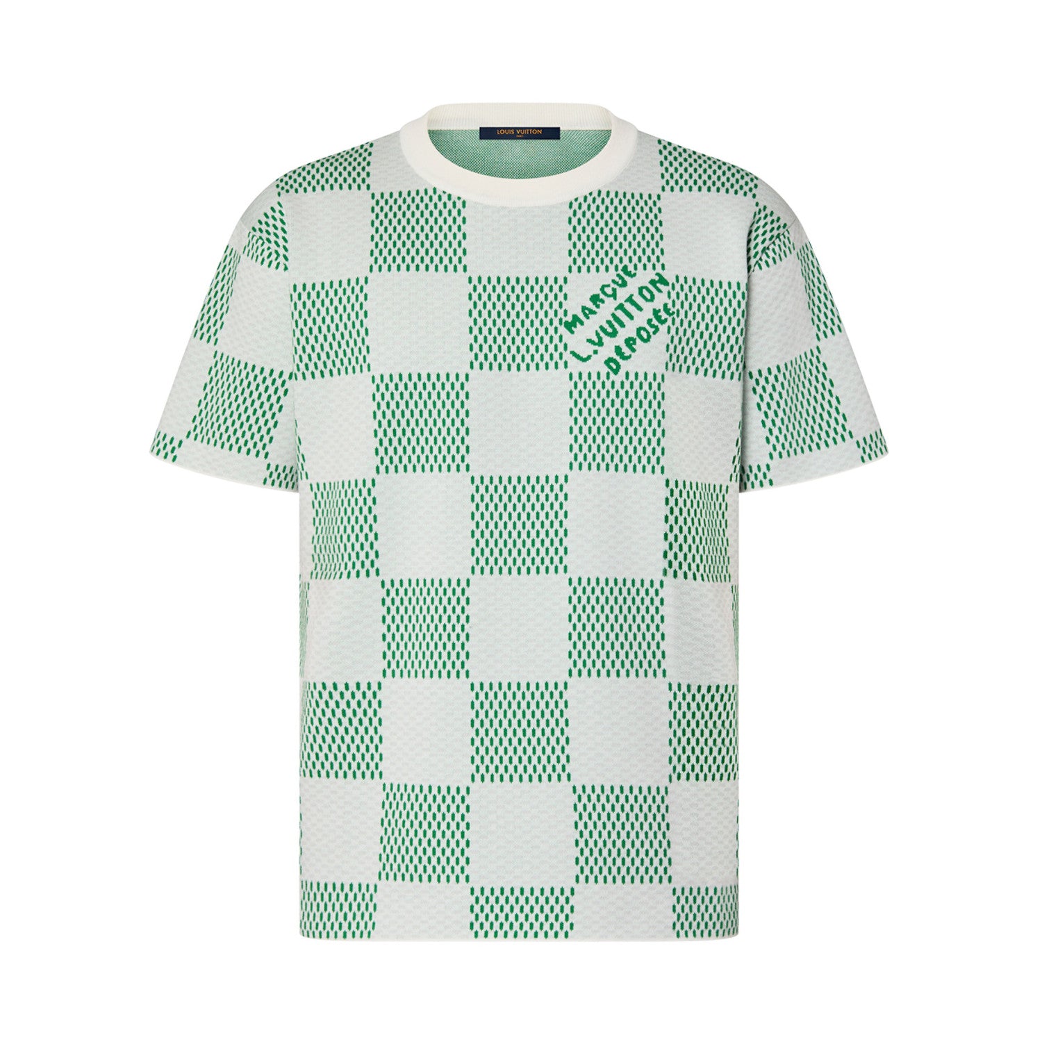 Louis Vuitton Men's Summer White Green Plaid Pattern Round Neck Cotton Short Sleeve T-Shirt #98739