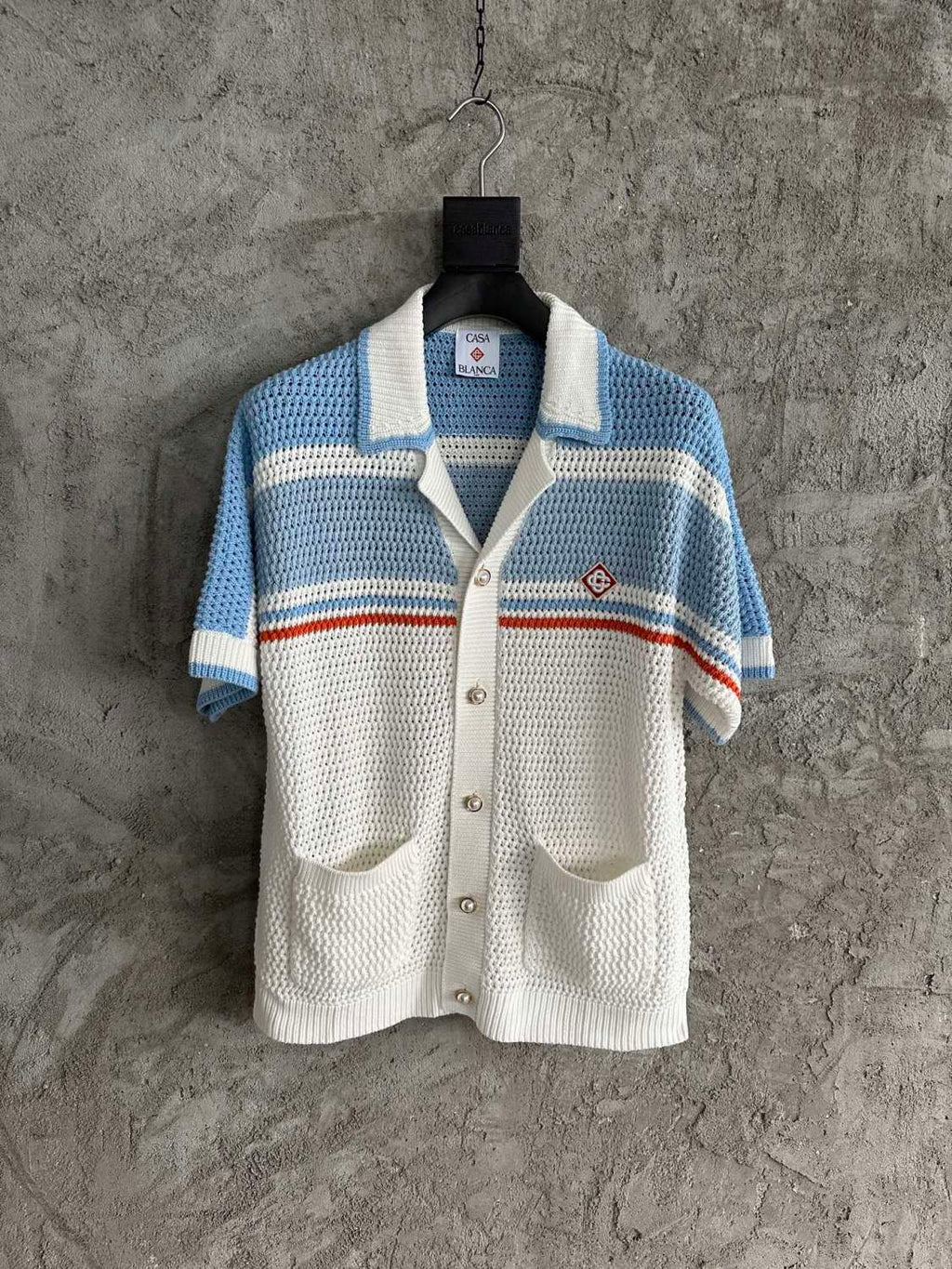 Casablanca Men's Summer Striped Printed Crochet Knit Single Breasted Short Sleeved Shirt And Casual Drawstring Shorts Set Suit #77391