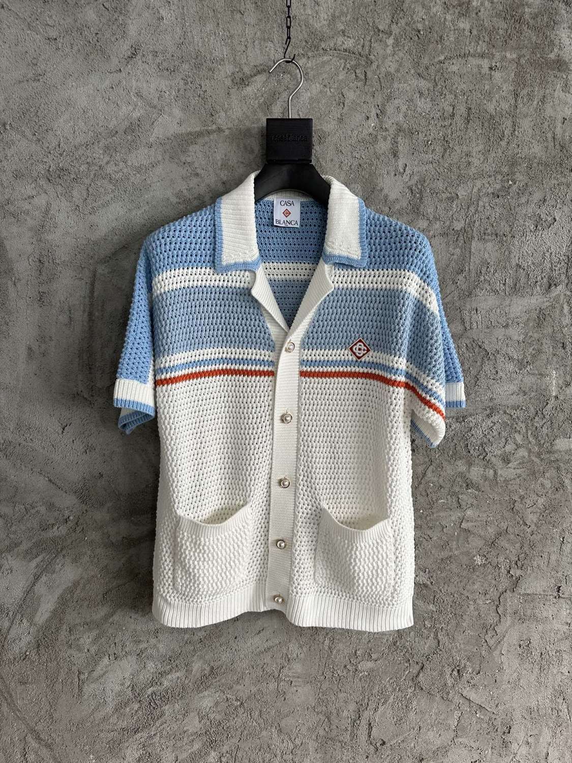 Casablanca Men's Summer Striped Printed Crochet Knit Single Breasted Short Sleeved Shirt And Casual Drawstring Shorts Set Suit #77391