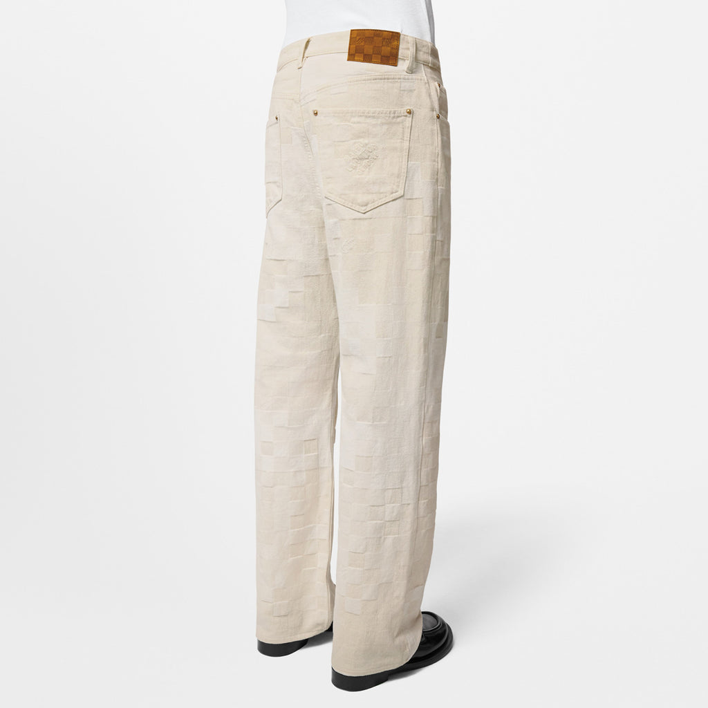 Louis Vuitton Men's Spring Summer Beige Plaid Jacquard Mid-Rise Straight Leg Jeans Pants #99881