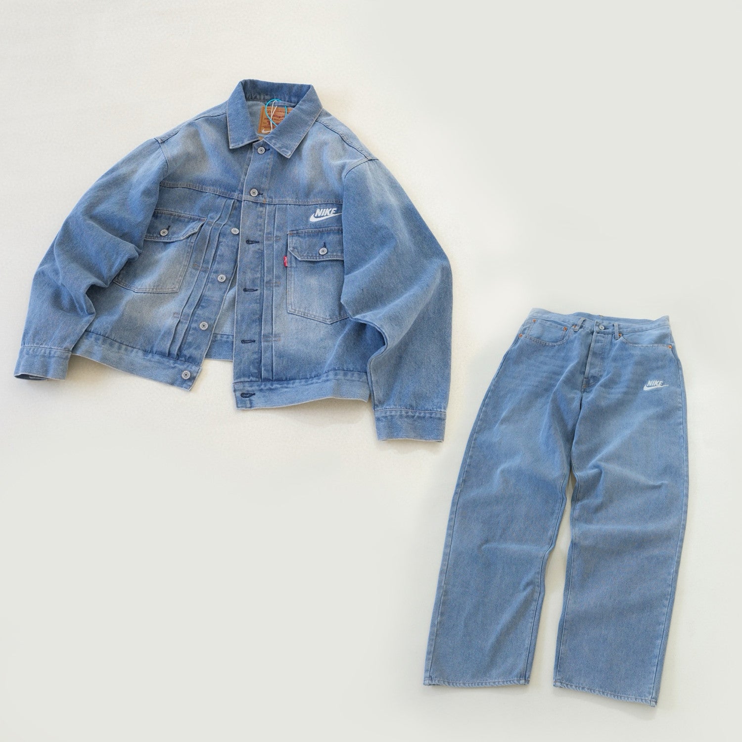 Nike x Levi's Men's Spring/fall Fashion Casual Loose Fit Single Breasted Collared Double Pocket Denim Jacket Letter Printed Loose Fit Casual Denim Pants Suit Set #78496