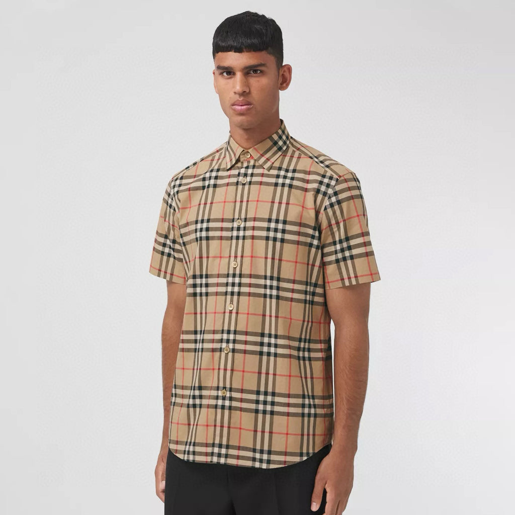 Burberry Men's Summer Checkered Print Single-Breasted Collar Short-Sleeved Shirt #77686