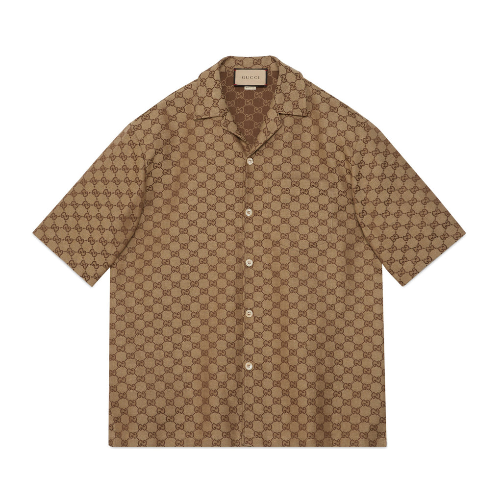 Gucci Men's Summer Brown Lapel Single Breasted Logo Printed Short Sleeve Shirt #98679