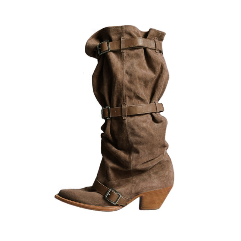 RRR-123 Women's Segment Buckle Strap Vintage Cowboy Stacked Boots Autumn And Winter Solid Color Leather Tall Boots Casual Shoes Heel High 5cm Ngvp #1837