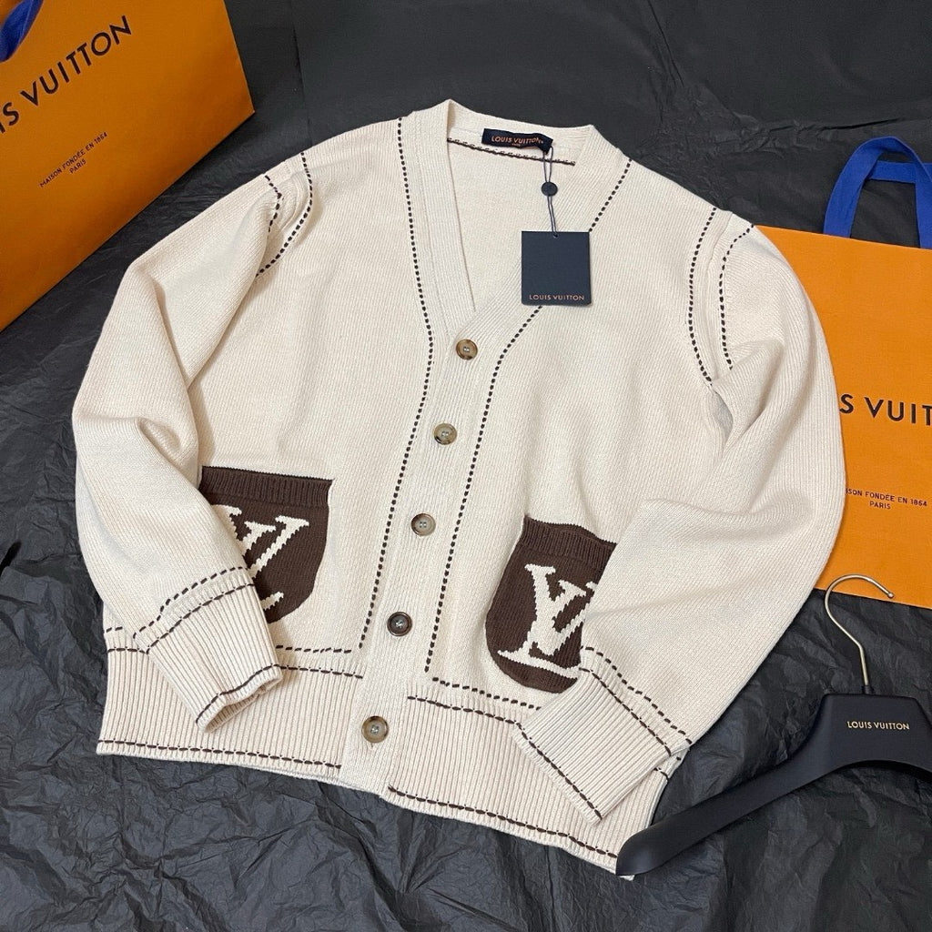 Louis Vuitton Men's Spring & Autumn Cream Logo Letter Applique Single Breasted V-Neck Long Sleeve Knit Shirt #72477